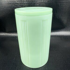 Vintage Green Jadeite Glass Canister With Lid 7 Inch Ribbed Container Tall Jar